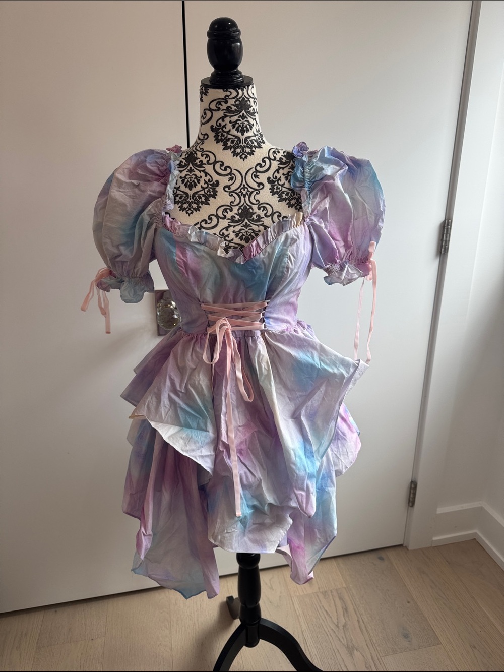 Selkie Pastel Watercolor Morpho Puff Sleeve Dress with Lace-Up Waist